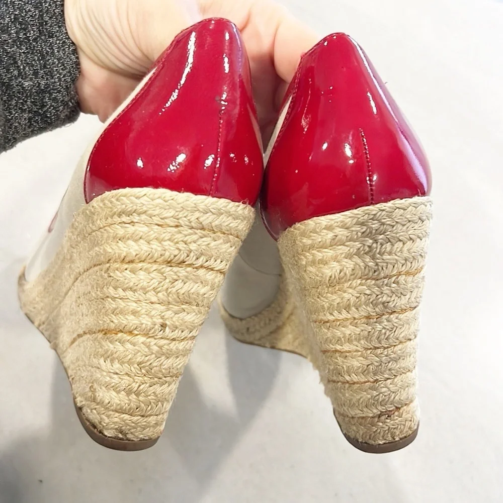 Enzo Angiolini Wedges Espadrille red and tan Patent Leather heels size 7.5